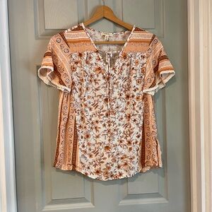 Como Blu Women's M Floral Boho Orange White Tie Front Short Sleeve Lace Blouse